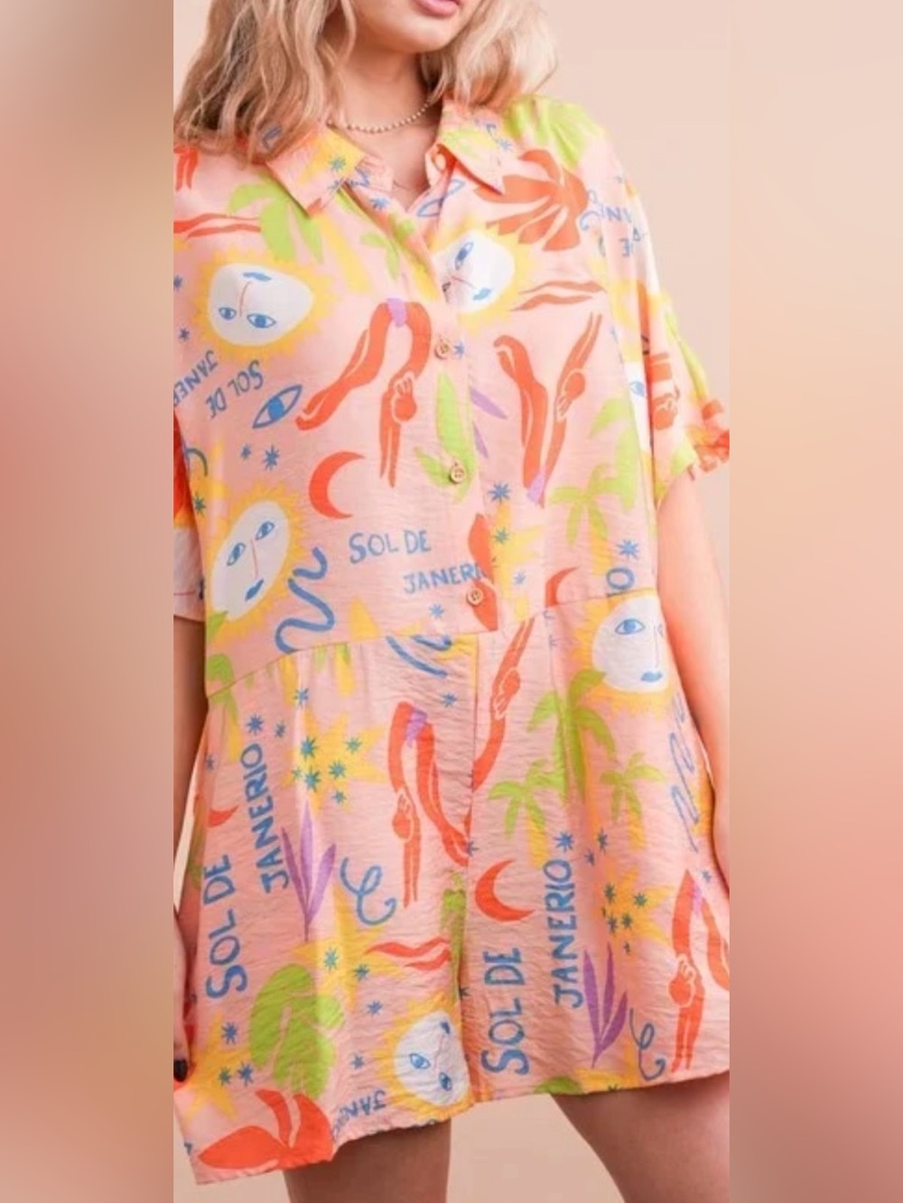 Sol de Janeiro Peach Button-Front Tropical Print Romper
